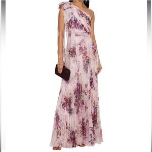 MARCHESA NOTTE One-shoulder bow-embellished pleated floral-print chiffon gown